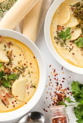 Two bowls of Zuppa Toscana next to breadsticks