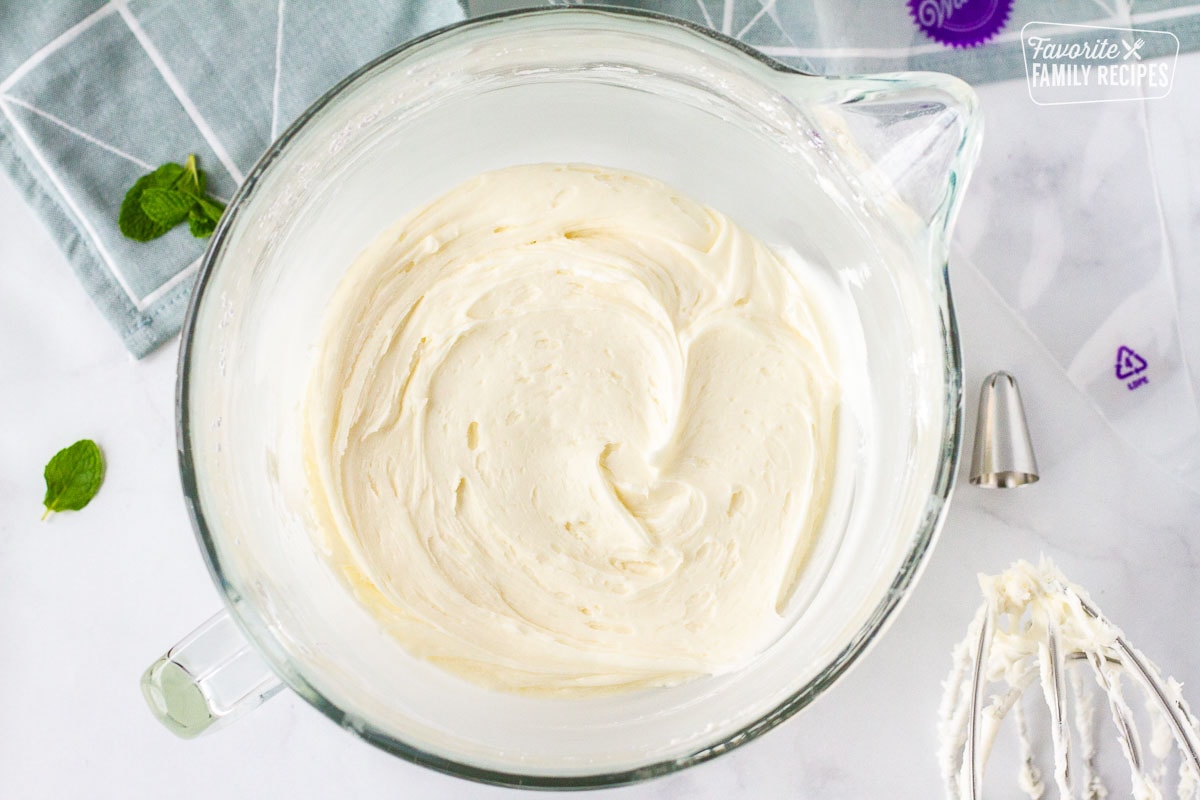 Mixing bowl of Thickened Butter Mints with cream cheese mixture.