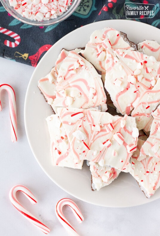 Plate of Peppermint Bark with crushed candy canes on top.