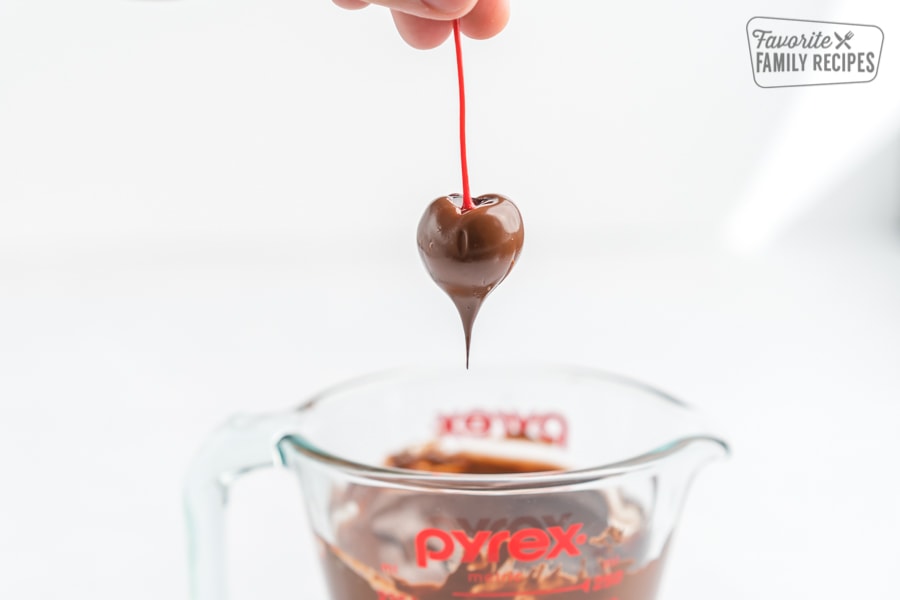A maraschino cherry dipped in chocolate