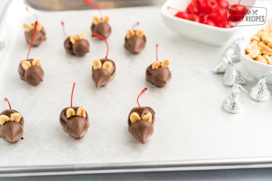 Chocolate mice on a baking sheet.