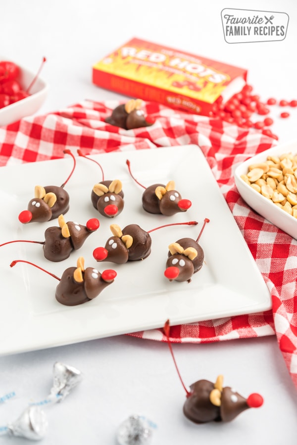 Chocolate mice on a plate.