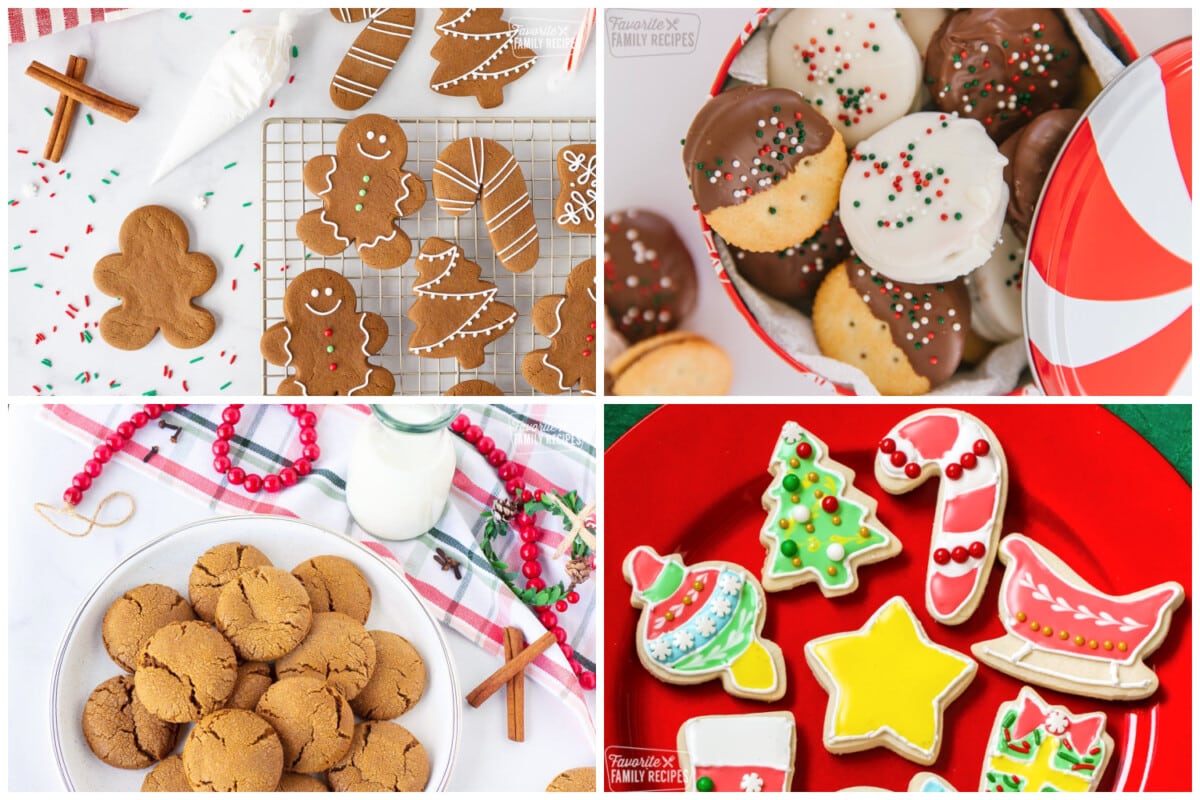 A collage of four kinds of Christmas Cookies including gingerbread, sugar, dipped, and molasses cookies