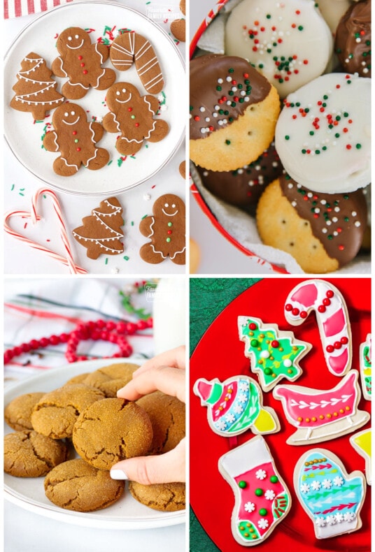 A collage of four kinds of Christmas Cookies including gingerbread, sugar, dipped, and molasses cookies