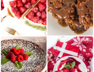 A collage of four Christmas desserts including chocolate cake, cheesecake, sticky toffee pudding, and risalamande
