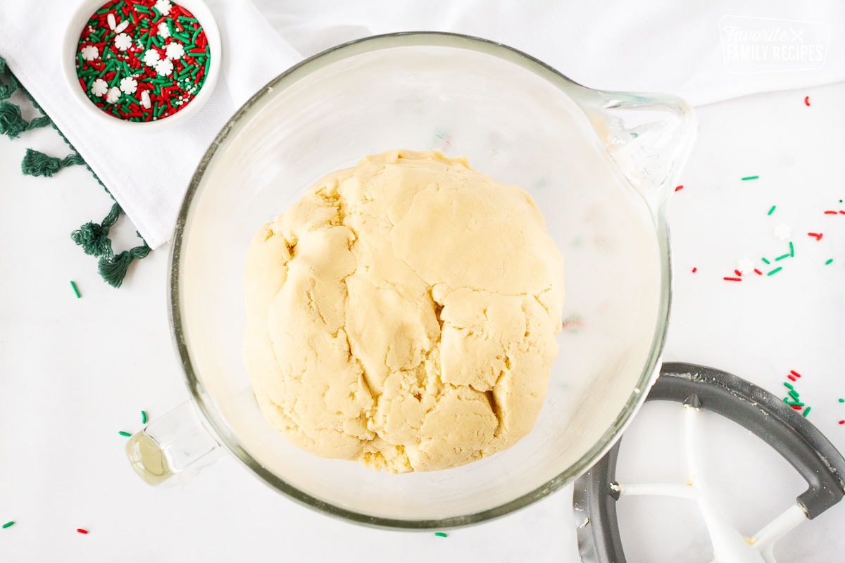 Mixing bowl with a ball of Christmas Sugar Cookie dough.