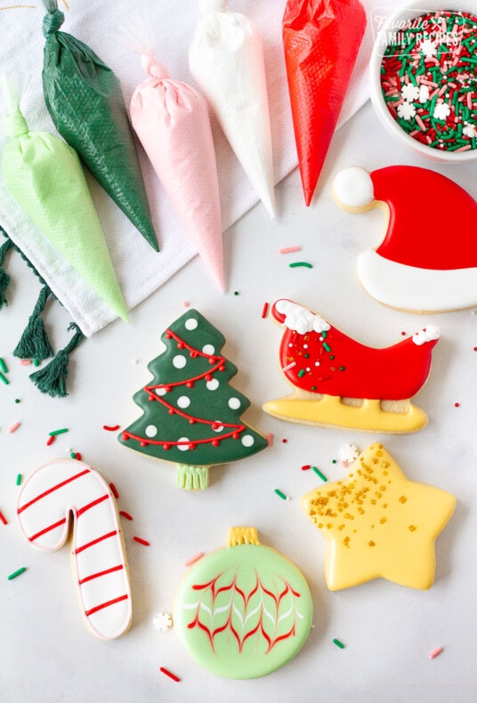 Six Christmas Sugar Cookies with bagged royal icing.