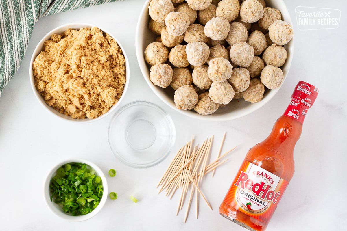 Frozen meatballs, Frank's Red Hot sauce, brown sugar, water onions and toothpicks for Cocktail Meatballs.