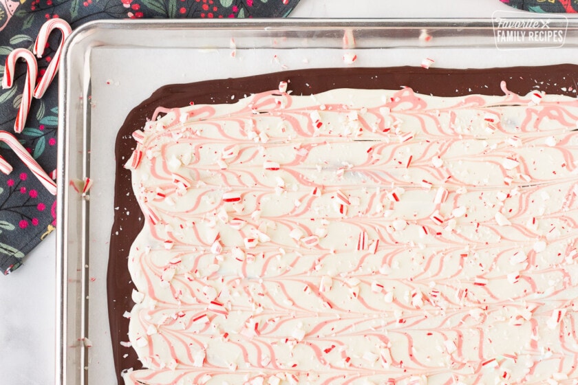 Crushed candy canes on top of Peppermint Bark.