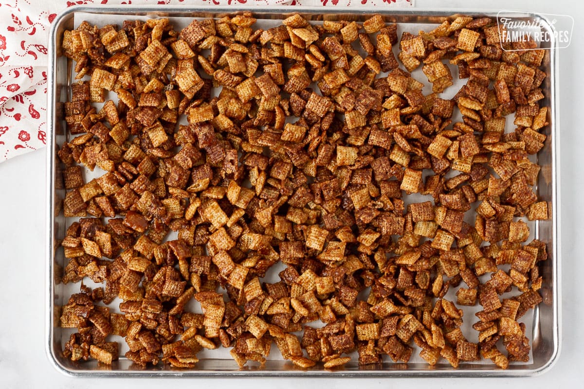 Pan of cooling Sweet Chex Mix.