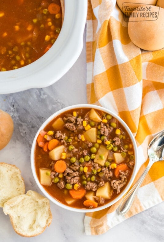 A bowl of crock pot vegetable beef stew.