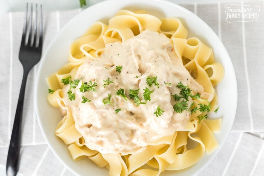 A pasta bowl with zesty chicken Alfredo