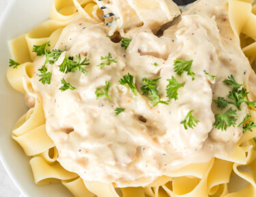 A bowl of Crockpot chicken Alfredo with pasta noodles