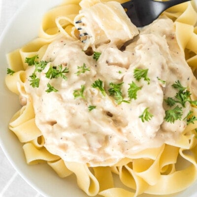 A bowl of Crockpot chicken Alfredo with pasta noodles