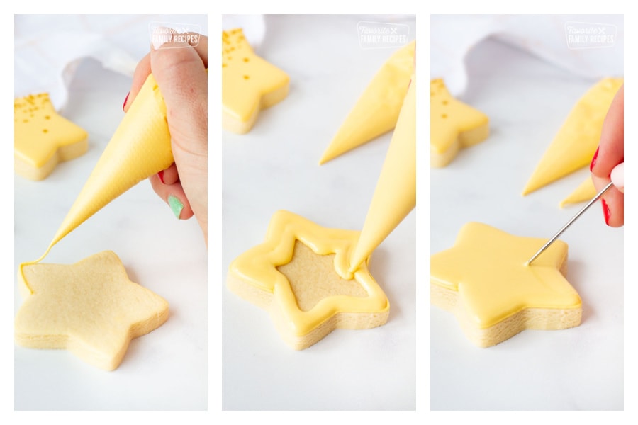 A star cookie with yellow icing in step-by-step instructions for using royal icing. 