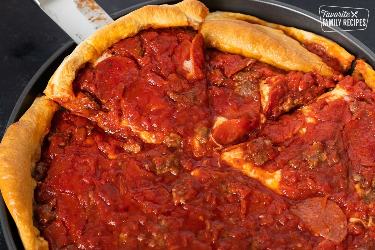 A pan of sliced copycat Gino's East Pizza.