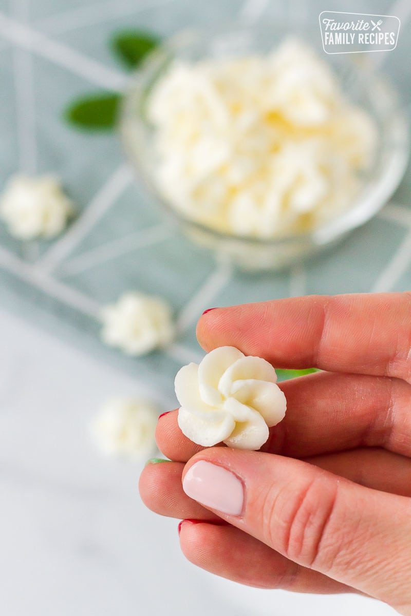 A white butter mint flower on a hand. 