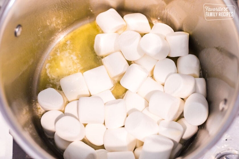 Marshmallows and melted butter in a large pot