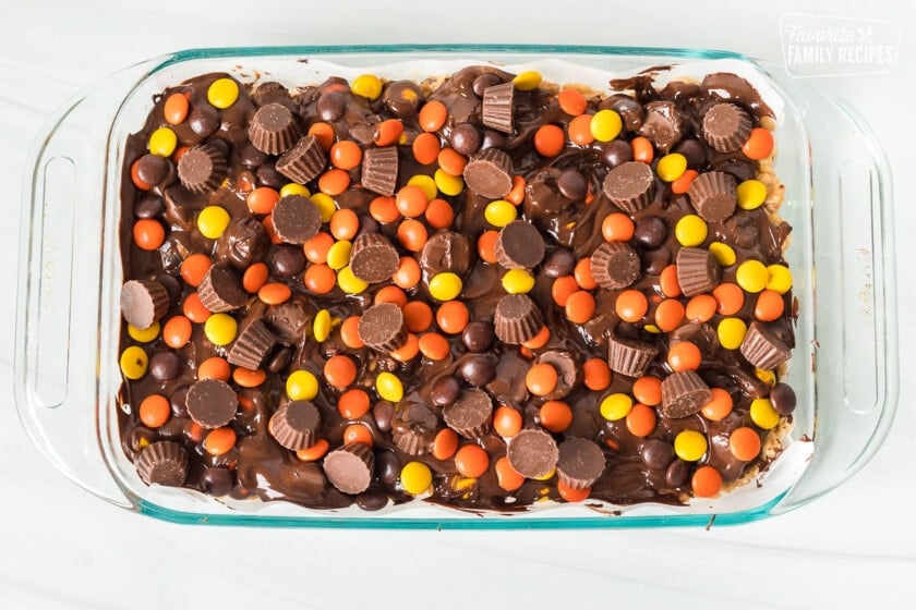 Peanut Butter Rice Krispie Treats in a pan ready to be cut