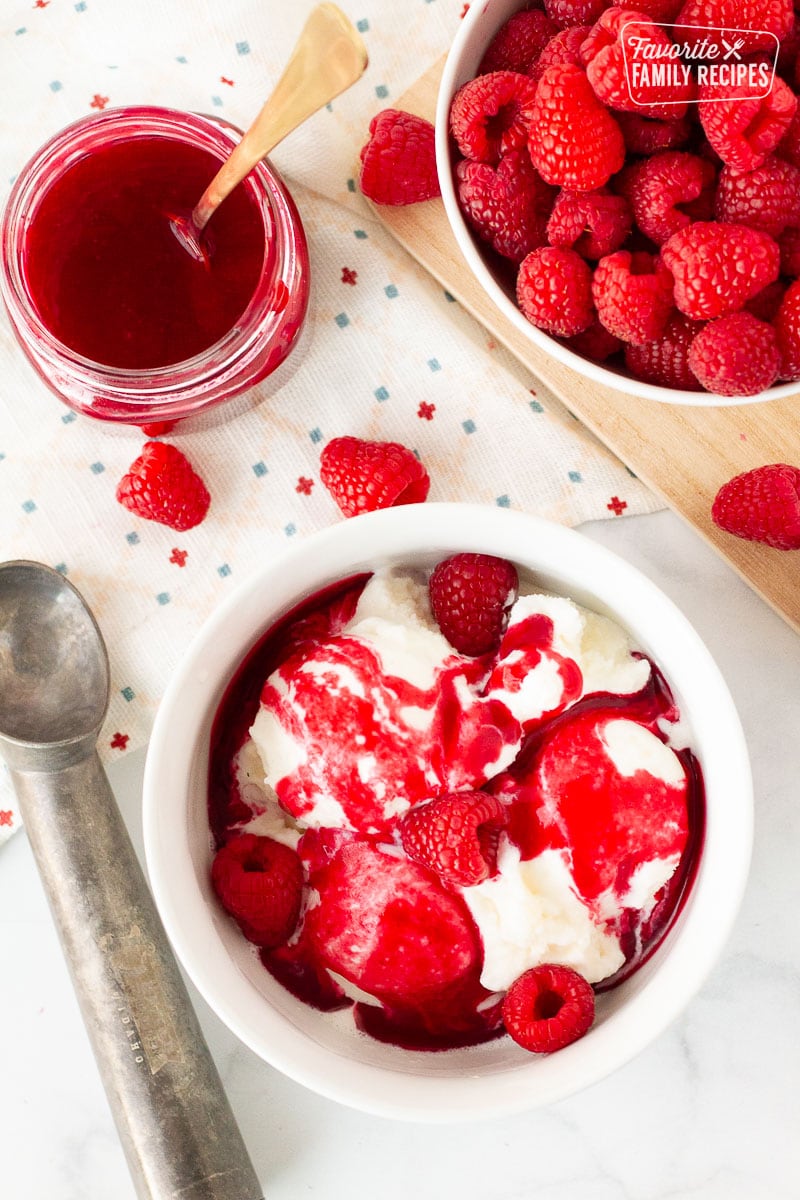 Bowl of vanilla ice cream with raspberry coulis.