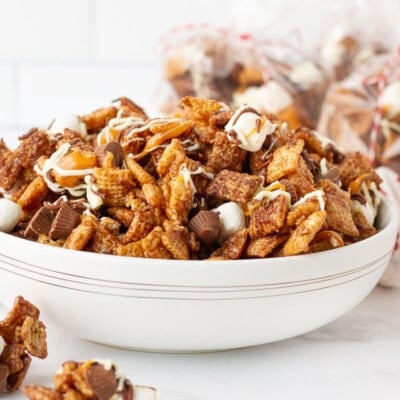 Large bowl with Sweet Chex Mix.