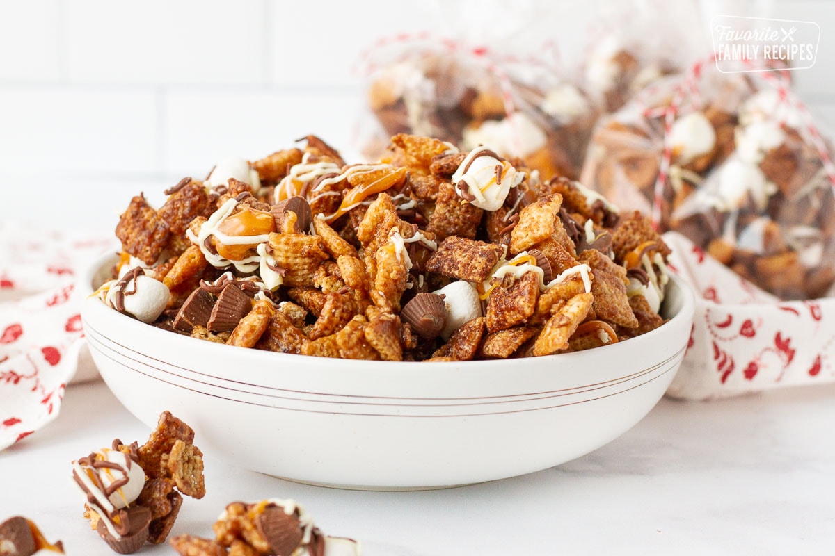 Large bowl with Sweet Chex Mix.