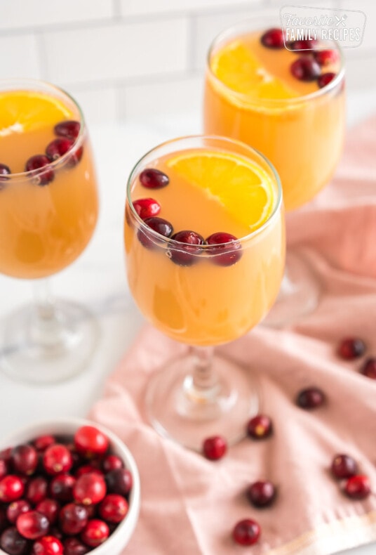 A glass of sparkling cider topped with an orange slice and cranberries