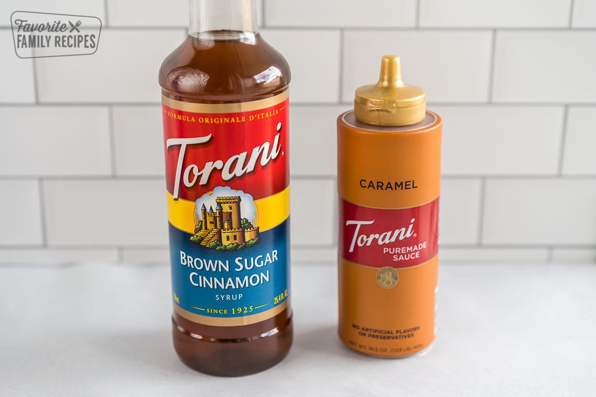 Torani brown sugar cinnamon syrup and Toarani caramel sauce. 