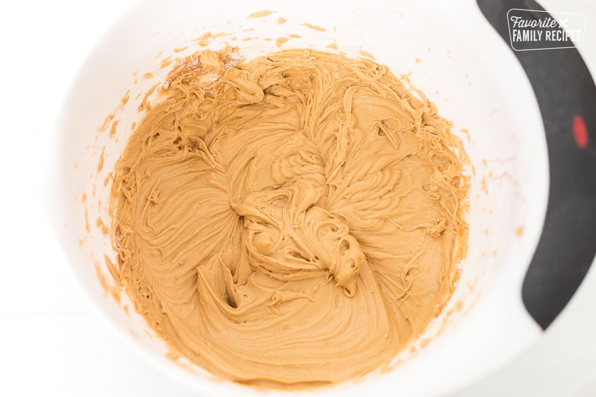 Sponge batter in a mixing bowl for sticky toffee pudding