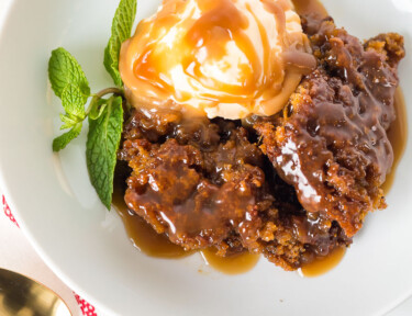 Sticky toffee pudding in a bowl