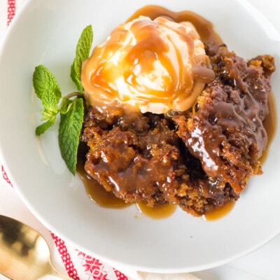 Sticky toffee pudding in a bowl