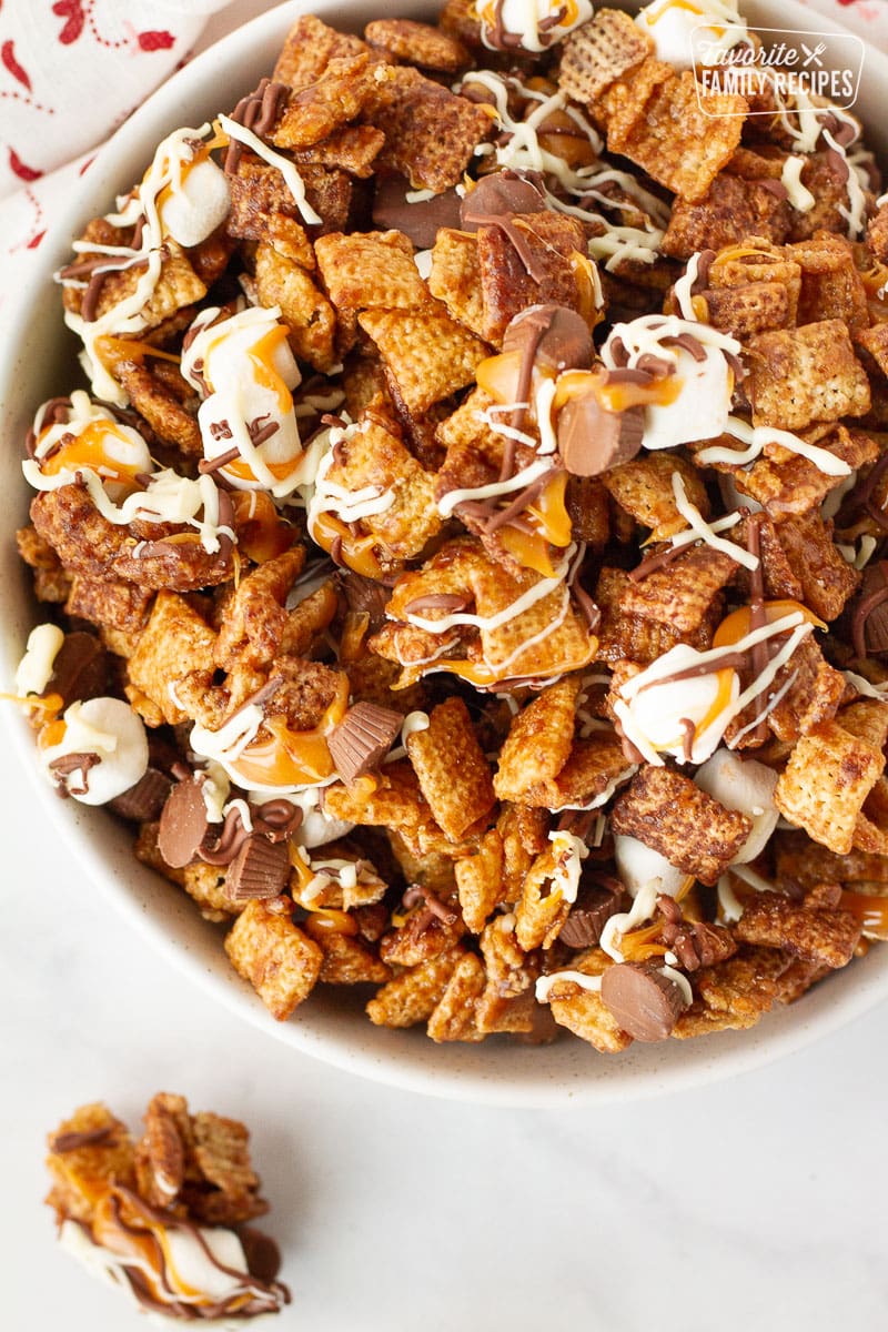 Close up bowl of Sweet Chex Mix.