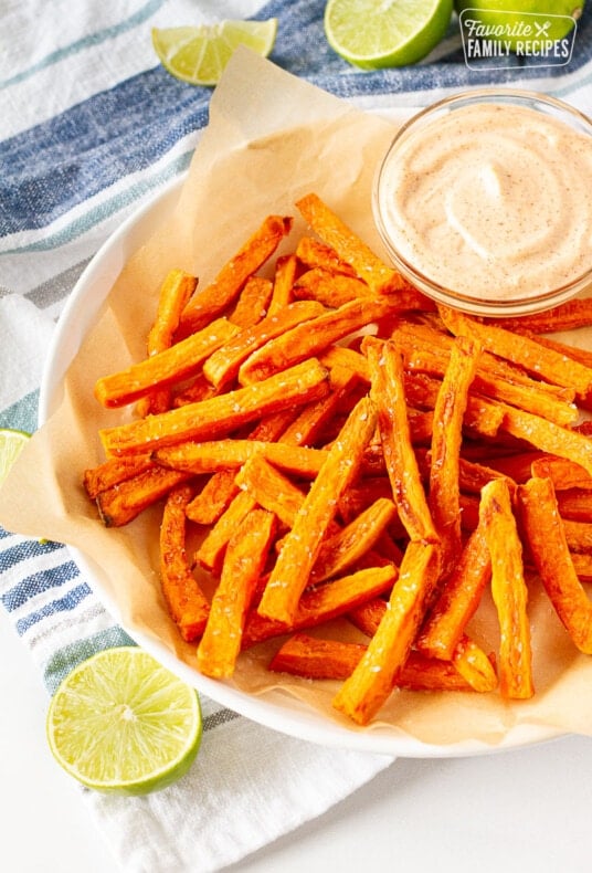 Plate of Sweet Potato Fries with dipping sauce.