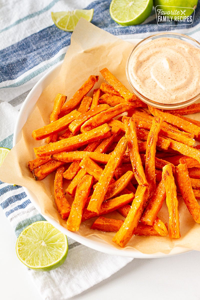 Plate of Sweet Potato Fries with dipping sauce.