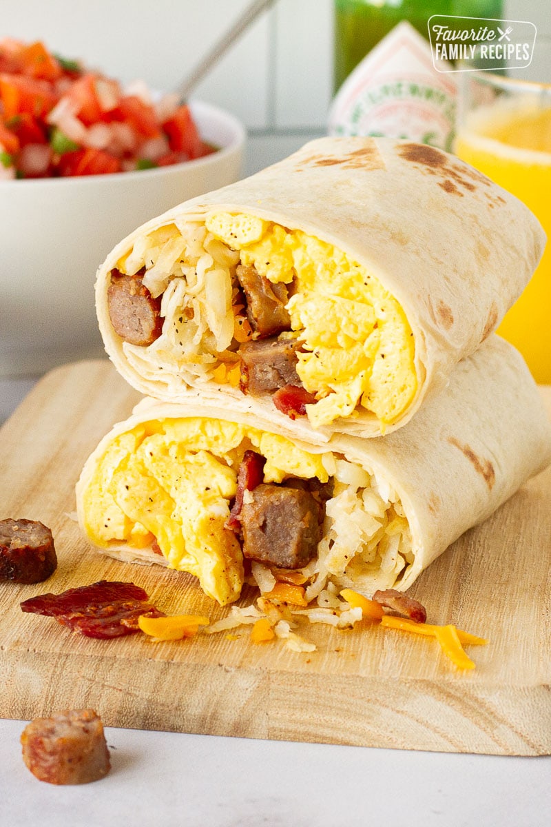 Two breakfast burritos stacked on each other