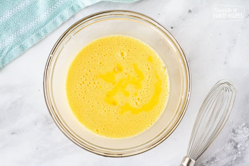 Beaten eggs in a bowl