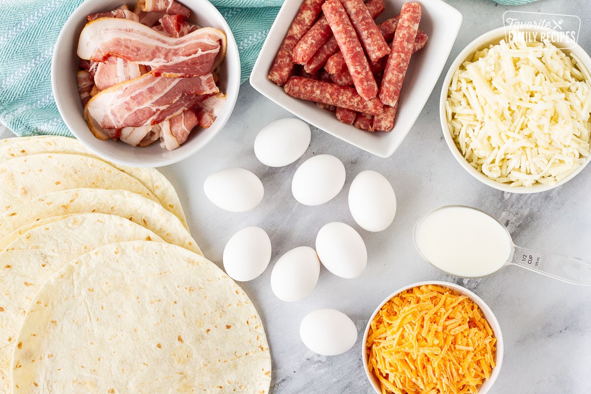 Ingredients to make breakfast burritos