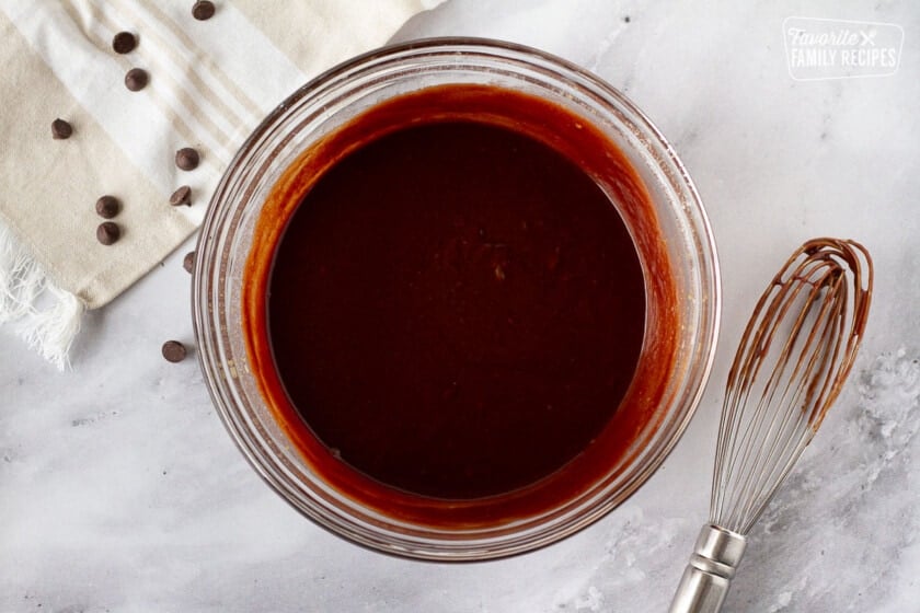 Bowl with Carnival Cruise Melting Chocolate Cake batter. Whisk on the side.