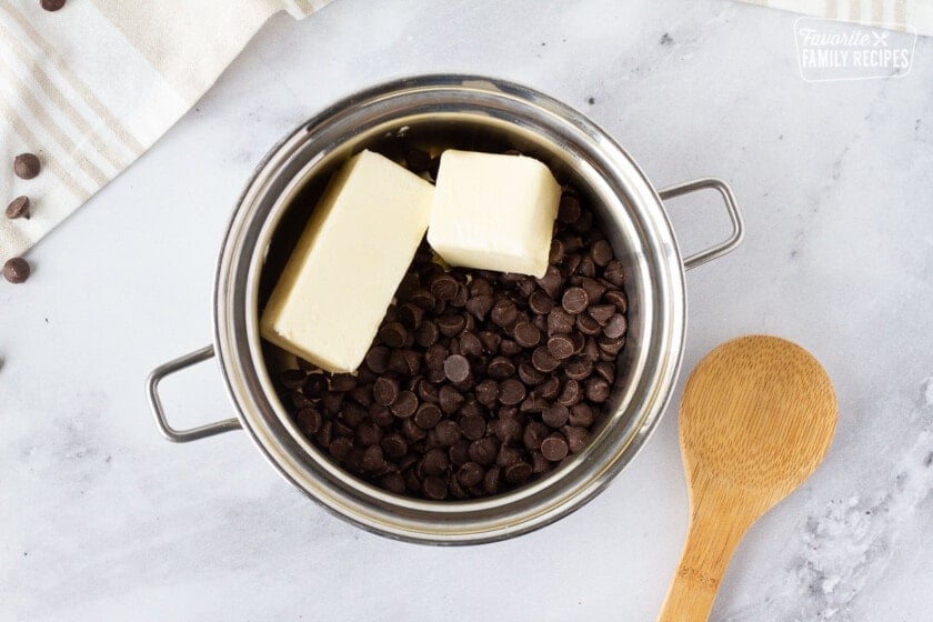 Small pan of chocolate chips and butter for Carnival Cruise Melting Chocolate Cake.