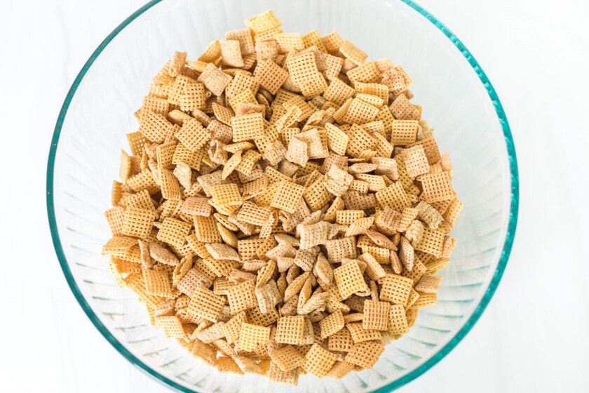 A bowl of rice Chex and corn Chex combined