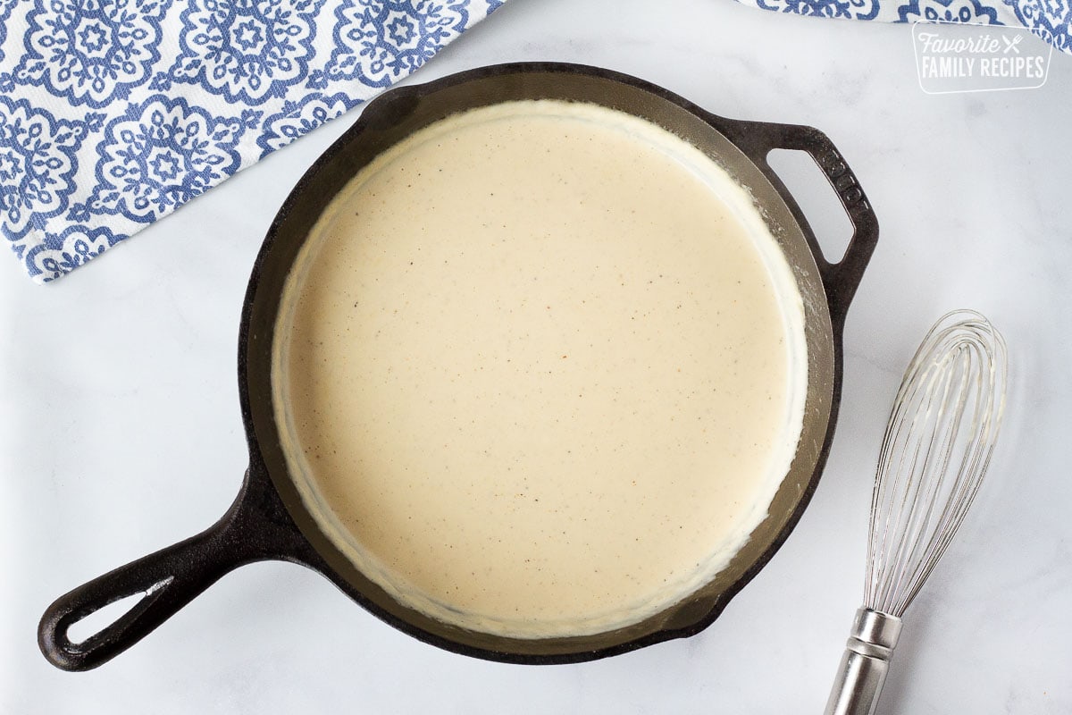 Frying pan of Chicken Cordon Bleu Sauce.