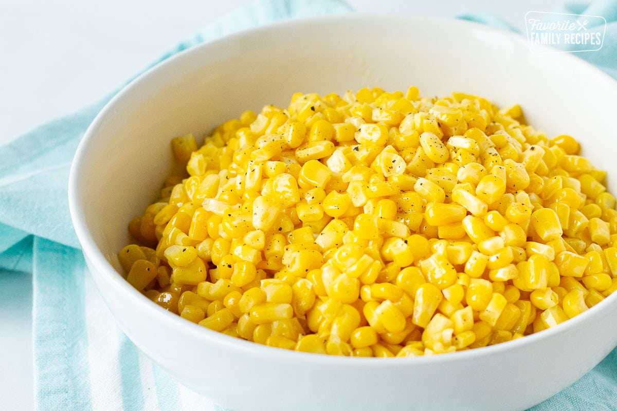 Close up of a large bowl of Frozen corn cooked to perfection.