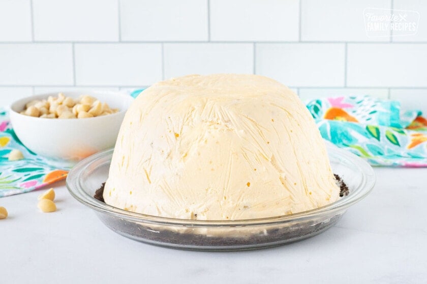 Ice cream dome for Duke's Hula Pie in a pie plate.