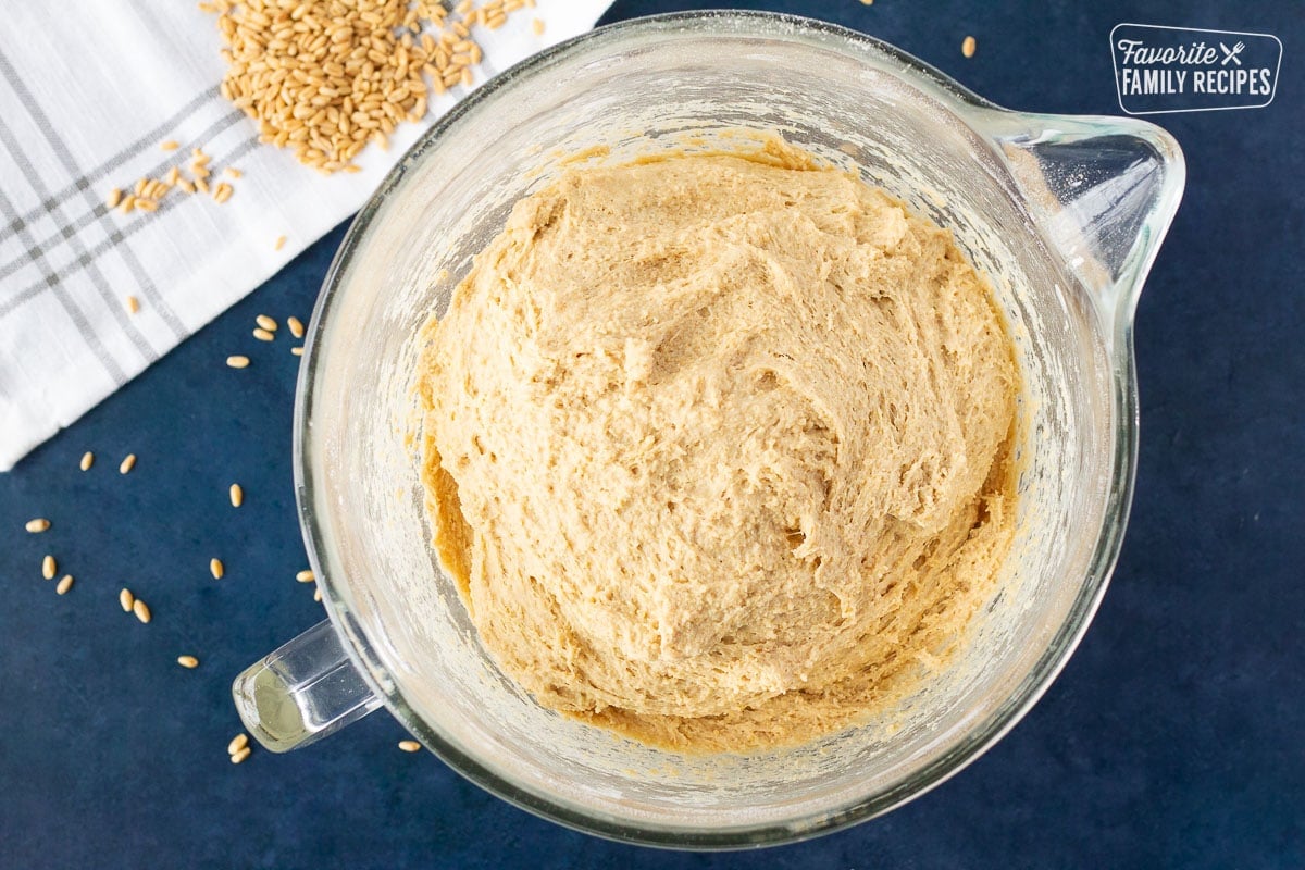 Mixing bowl of Honey Whole Wheat Bread.