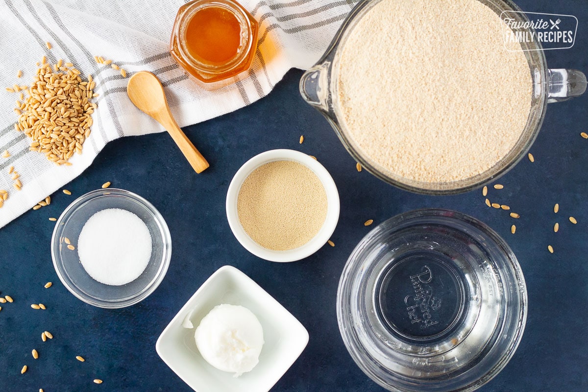 Wheat flour, honey, yeast, salt, shortening and water to make Honey Whole Wheat Bread.