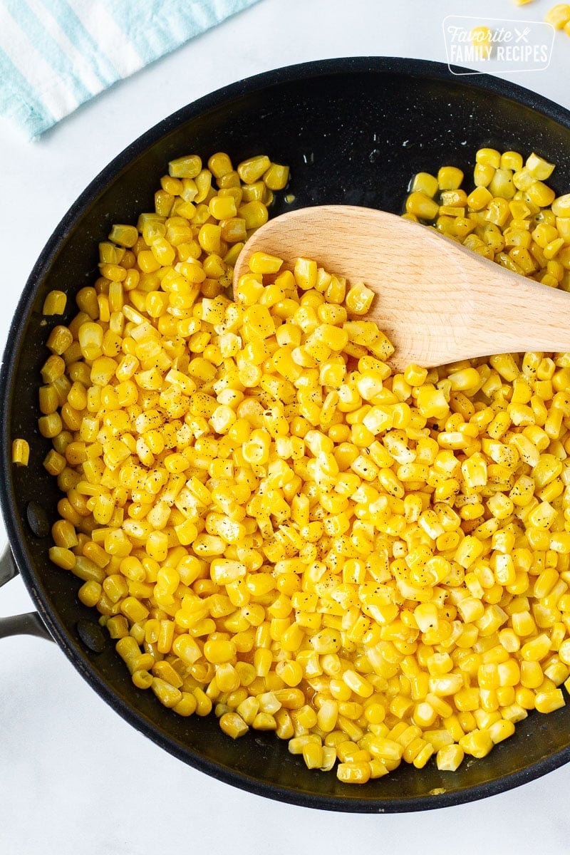 Skillet showing how to Cook Frozen Corn.