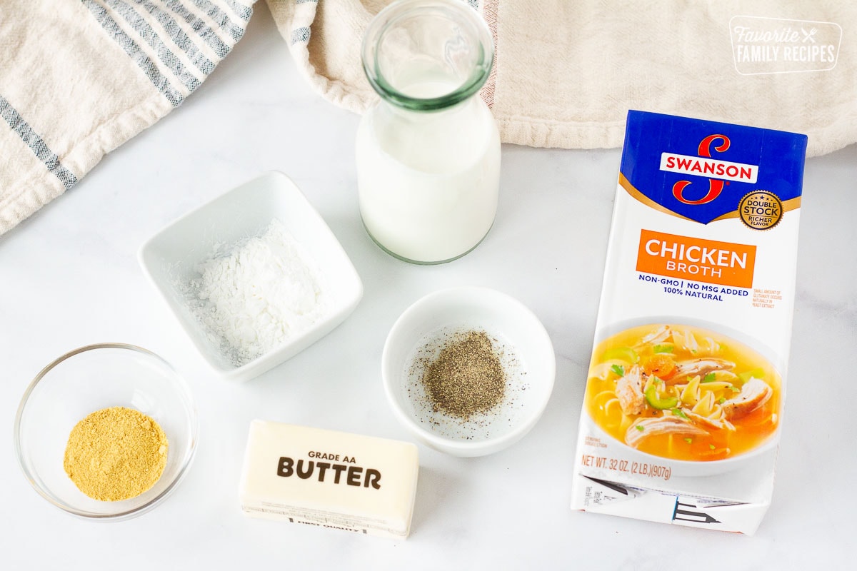 Ingredients for Chicken Cordon Bleu Sauce including chicken broth, cream, corn starch, pepper, chicken bouillon and butter.