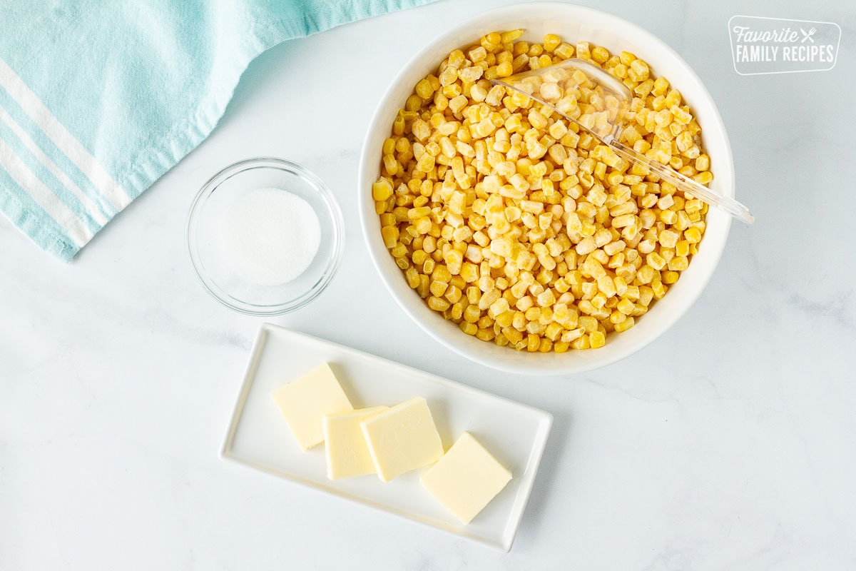 Frozen corn, sugar and butter to show how to cook Frozen Corn.