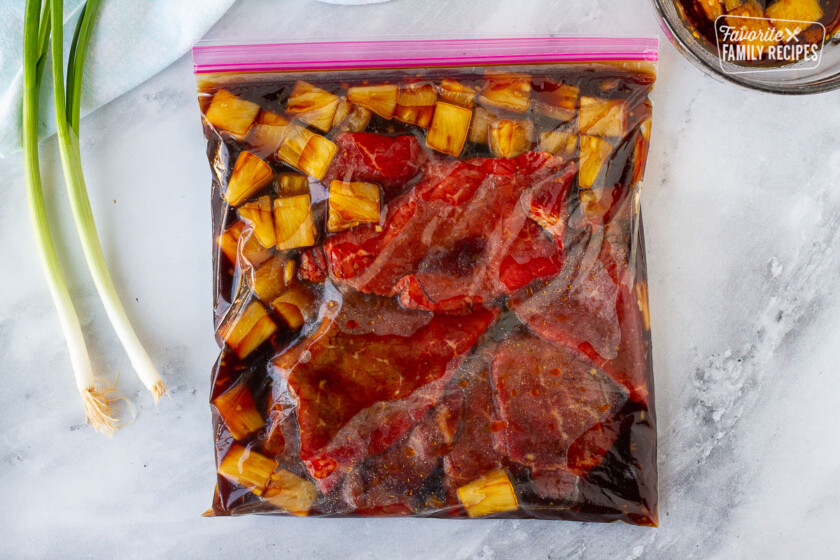 Ziplock bag sealed with meat and Hawaiian Beef Teriyaki marinade.