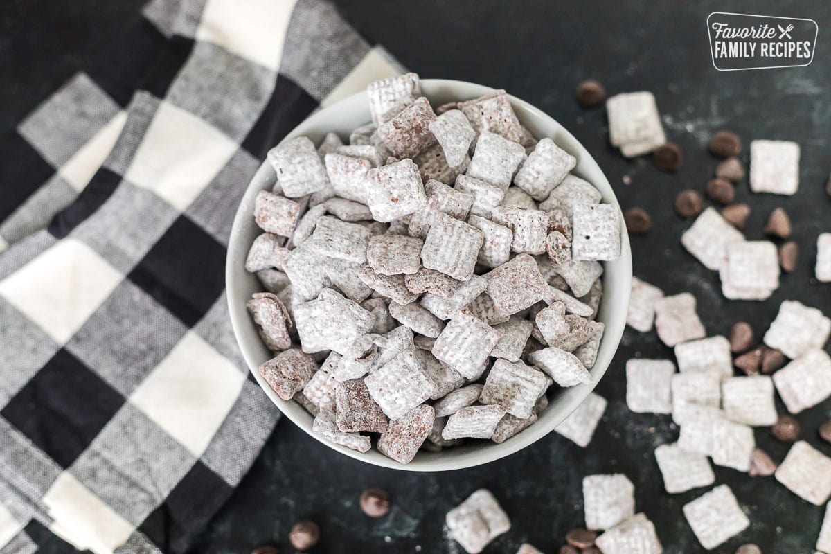 Muddy buddies in a glass bowl